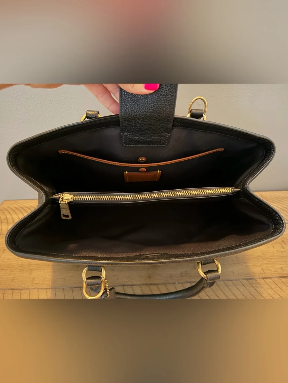 Large Coach Black Pebbled Leather Satchel with Gold Accent